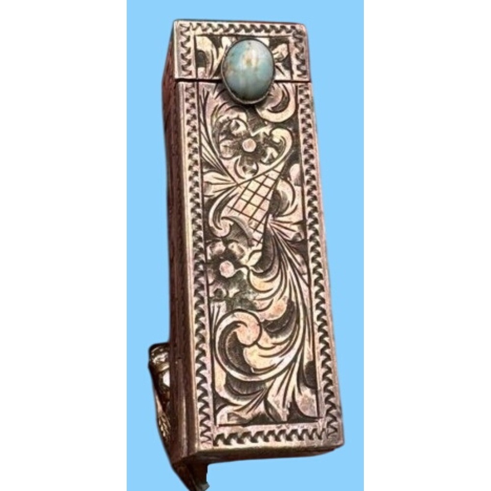 Vintage Lipstick Holder 800 Silver Case Blue Cabochon Etched 32gm